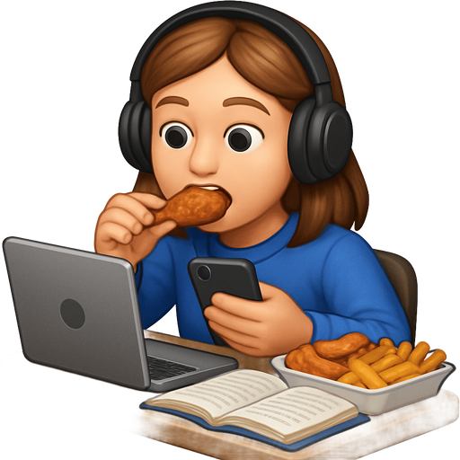 Girl eating wings with fries while studying and using phone and listening to music with a computer on a desk