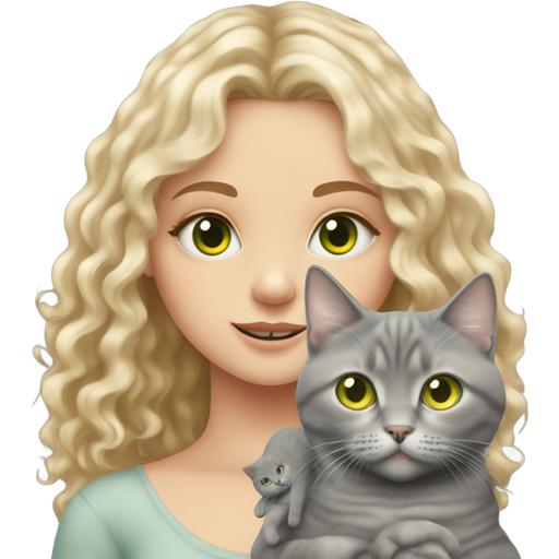 A pale girl with blond long curly hair and green eyes, holding a grey british shorthair cat with orange eyes