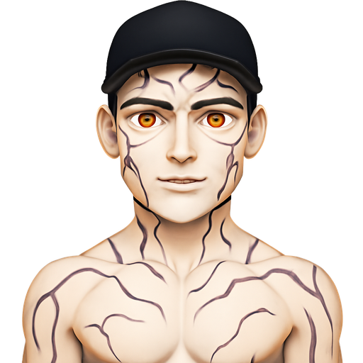 Good body diamond shape face Hot guy lGuy Black hair tall glowing almond shape orange yellow eyes weird dark purple lines all over body with hate on head and pale
