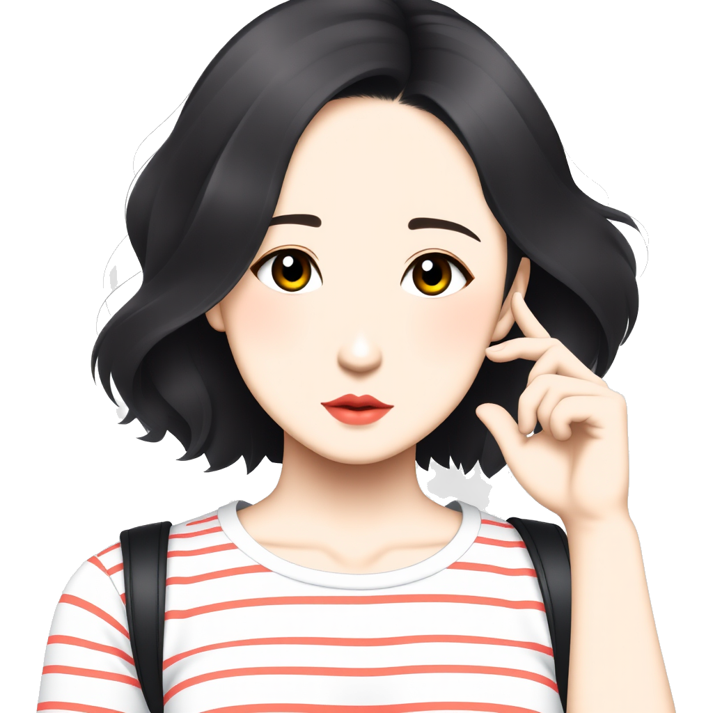 It is a asian girl. Her hair is shoulder length and wavy. Hair color is black. She has sakura lips.Her eyelashes are long. She wears striped tee.
