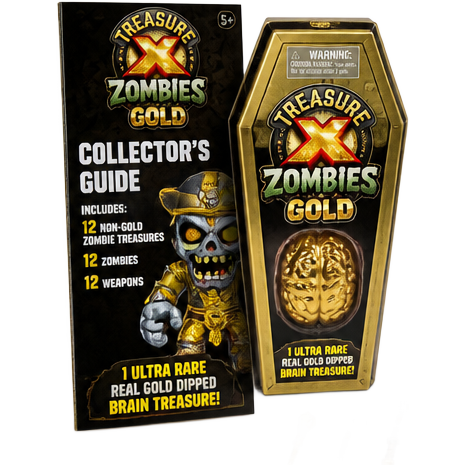 moose toys treasure x zombies gold collectors guide 12 non-gold- zombie treasures and 12 zombies and 12 weapons 1 ultra rare real gold dipped brain treasure package