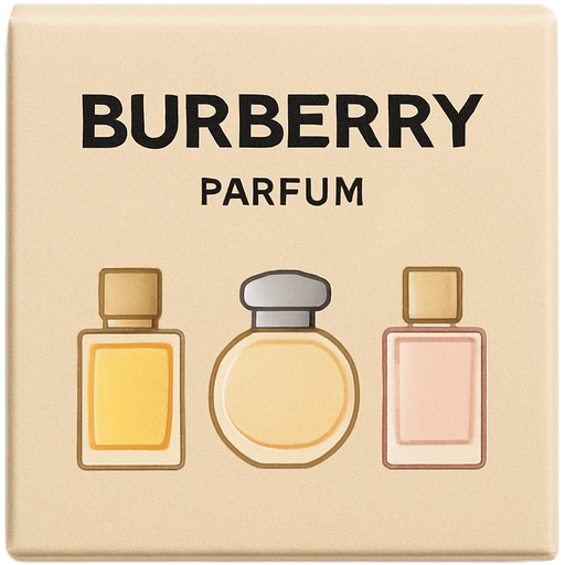 Generate a miniature box of sample sized Burberry perfume with three mini perfume bottles shown on the front.