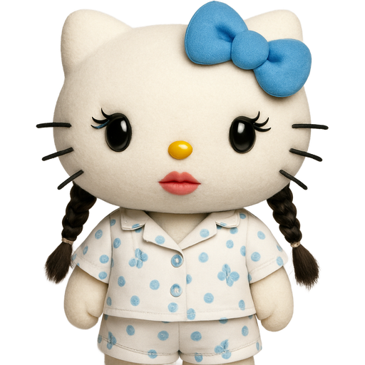 Hello Kitty hello Kitty shorts white shirt, pajama shirt, blue dots butterflies, big eyes, lashes, small nose, big lips, thin lashes, earrings, braids to the back for each ponytail two ponytails braids