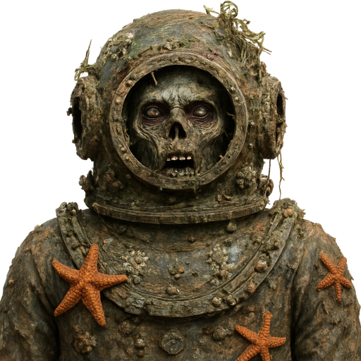 zombie with old diving suit covered with starfish and corals broken diving helmet covered with barnacles and seaweed