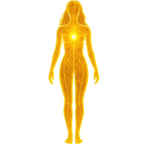Draw a woman's full-length body, including her silhouette—figure and hair. The body is composed of light energies, filled with golden light, which is cut through by meridian lines.