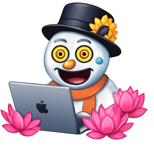 A snowman working hard with her MacBook. There are beautiful pink lotus surrounding her. She looks a bit crazy and exhausted but the face should remain crazy. The face should be similar with default iOS emoji