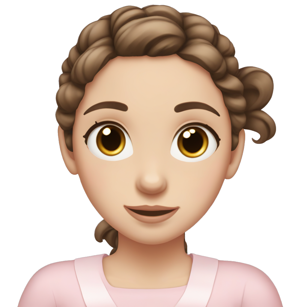 Pale white light skinned girl with dark brown hair with a little streak of light brown with hair in two low ponytails and it’s wavy. Each ponytail has a very light pink bow at the top of it and she has brown eyes with a very light pink shirt facing the camera add some soft eyelashes and a little bit of blush