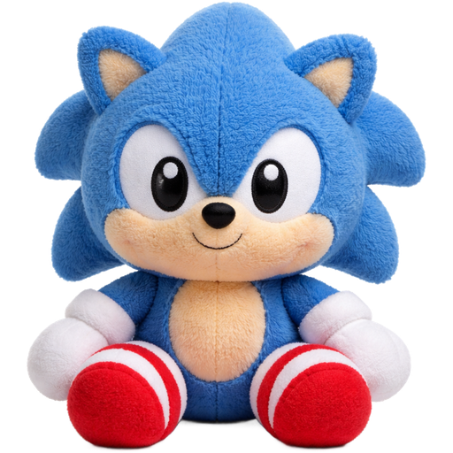 Emoji-style 3D render of a plush character inspired by Sonic the Hedgehog, stuffed animal appearance, soft fuzzy fabric texture, rounded cuddly proportions, embroidered eyes, blue plush fur with simplified spikes, white gloves and red shoes made of fabric, visible stitching seams, cozy plush toy aesthetic, clean white background, no plastic, no vinyl, no figurine look