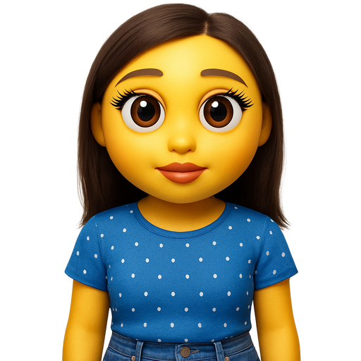 Blue shirt, white dots blue jeans, without braids to the back big eyes, lashes, lips, small little white and clear beads