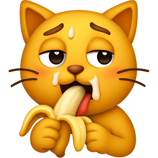 Embarrassing cat emoji face eating banana in mouth, both hands holding on banana, with dripping cream on face and eye like tasty and sexy expression