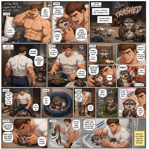 A very lifelike and Detailed Full page Anime Comic book story about of a Bulky ANIME Cute Bara Man American 20 year old with a ROUND and BASIC facial structure and Young Adult BARA CUTE that is Peach Toned skin not anything else MALE not to detailed With bigger than average Pecs that are visible through the shirt and Biceps and a big Bandaid on his nose and Left Cheek and Right Eye brow with Scars all over his Chest and arms. Wearing a white shirt that is tight around the waist and Jeans drenched in sweat and Short and Brown strait Fluffy Hair and Strait with brown eyes and black eyebrows with a Three finger Slash on his Eyebrow. With no Facial Hair. Waking up in the morning in pajamas and his pet baby Unathletic otter but Excessively bully’s it. And when he comes back from work he sees the otter right we’re he left him with trash around him and made a mess. He makes dinner and the Otter doesn’t even eat dinner and cries and asks for some and then looses his tail. And the otter Receives Discipline that. Then goes to cry in his dog bed but gets Dragged and then crawls back inside at the Door from sniffing flowers and rolling in the dirt and the otter try’s to act cute but doesn’t work he excessively bully’s him more. And takes him to go get a bath