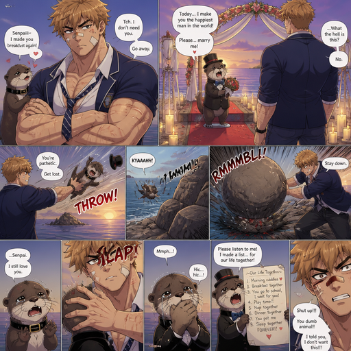 A Lifelike and Detailed Comic book story about of a Bulky and Beefy and every Muscle is bigger than average and less shredded or muscular with Chunky and Bulky chest and Biceps and his defined abs ANIME Cute Bara Man American 20 year old with a ROUND and BASIC facial structure and Young Adult BARA CUTE that is Peach Toned skin not anything else MALE not to detailed With bigger than average Pecs that are visible through the shirt and Biceps but slim and Athletic Lower body that makes have a V-Tapper Lower Body and a big Bandaid on his nose and Left Cheek and Right Eye brow with Scars all over his Chest and arms. Wearing a no piercings Wearing a baggy School Uniform and tie with Blazar and Pants and yellowish Brown Hair and Bright Light Brown fluffy Hair and Strait with brown eyes and black eyebrows with a Three finger Slash on his Eyebrow. With no Facial Hair.His Pet Otter that he excessively bullies that has a Collar and has a Huge Crush on him but he doesn’t like the otter back. And the otter one day dressed up re ly nice and with a top hat on creates a huge ceremony at the beach to marry him and he says no and the otter is throw at rock and a bolder falls and he pushes the rock down more and he looses. And then The otter calls him over and he goes to the otter and the otter says i still love you. And his hand flys across his face and he the is silenced, and then the otter cries l. And the otter Tries to convince him and shows him the List the otter made for there life in marriage the more the otter talks the more he gets mad
