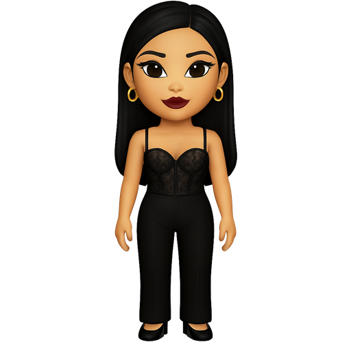 Olive tone Light skinned girl with siren almond shaped dark black eyes with long lashes and thin eyeliner, with long black straight hair and with gold short hoop earrings and two more gold ear piercings. Wearing black lace corset top black formal pants full body outfit with a subtle burgundy lipstick, positioned straight.