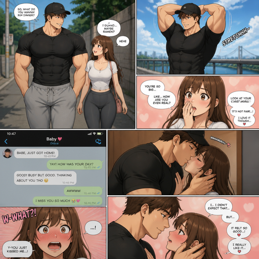 A DETAILED AND LIFELIKE ANIME Comic Book story view of a Bulky but Muscular ANIME Cute Bara Man With Peach toned skin Who looks Normal and 20 years old and round facial Structure and Basic facial structure With Puffy and Big Pecs that are visible through the shirt and Biceps and Brown short hair. Wearing a Baseball hat Black Tight Shirt and Gray sweatpants. Walking and talking to his Girlfriend and he stretches and she Talks about how big he is. And she messages him and he kisses her and she is shocked but she like it