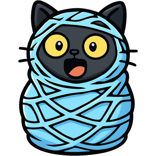 #B8FFFF cocooned wrapped up black cat shocked in excitement cocooned covered with thick coat of #B8FFFF webbing around head