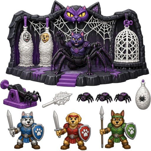 cat drider's lair playset with 2 spider web cocooned victims 1 cat drider 3 baby spiders 1 spider cocoon spider web cocoon prison with clip to place your figures 1 spider launcher 1 spider web missile 3 dog warriors