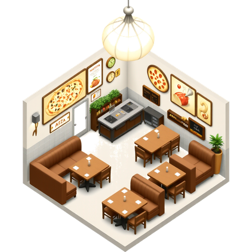 Un restaurant qui s’appelle « Chez Bella Donna » avec des spécialités italiennes et des beaux tableaux de pizza et de pâtes sur les murs du restaurant avec des banquettes et des tables où s’asseoir tout ça très réaliste