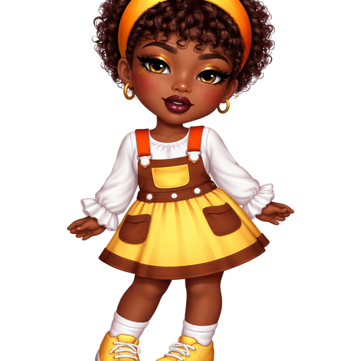 Candy Corn with a Ultra Deep Skin Tone and Heavy Lower Lip Shape with a Dark Plum Purple Matte Lipstick with a Soft Golden Palette Eyeshadow and a Thin Eyebrow with a Upturned Eye Shape and a Round Face Shape With Short Curly Afro-Textured Hair Including Bangs Wearing a Half Orange and Half Yellow Crescent Headband with Brown Eyes Wearing a White Long Sleeve Shirt With Ruffles Going around the sleeves Wearing Brown Overalls With Orange Straps and White Buttons With a Yellow Pocket on the Top of the Overalls and The Skirt is Yellow with Brown Pockets and a Brown Trimming with Two White Buttons on the Top of the Shirt Wearing White Socks and Yellow Sneakers with Dark Yellow on the Sides with a Mature Adult Toned Build and a Luxury Glow with Vivid and Distinct Features With High Visual Textures in a Soft Polished Shine