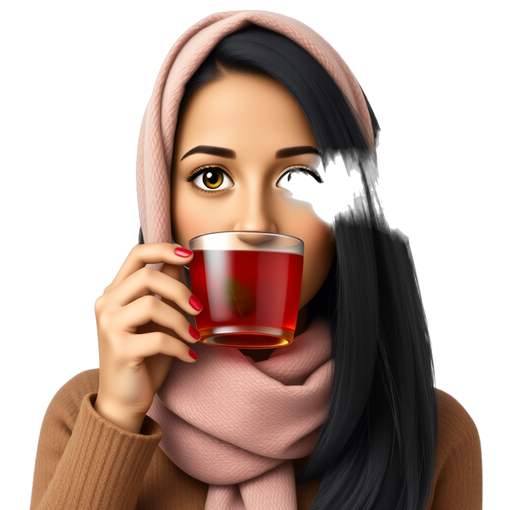 Tan Woman with black hair in half and dark green eyes wear dusty pink and brown Burberry scarf around her hair and drinking a red tea with mint with red nails
