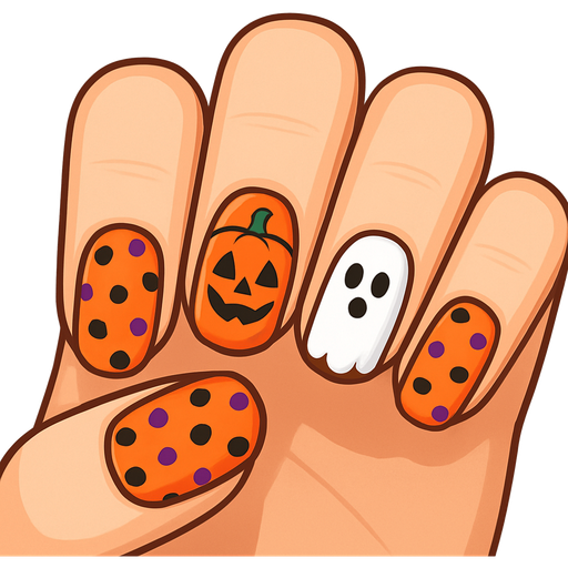 A pumpkin one nail and a ghost on one nail and the rest of the nails have a orange background with black and purple polka dots