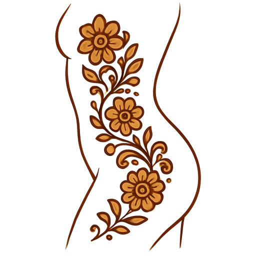 Henna colored floral design that stretches from shoulder and perfectly curves down the body hugging the rib cage, hips, and ends on the thighs