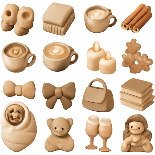 “A set of cozy winter girly aesthetic emojis in soft beige and warm brown tones. Cute and feminine objects like fluffy slippers, knitted mittens, warm blanket, cinnamon sticks, hot chocolate with marshmallows, coffee with latte art, candles, gingerbread cookies, Christmas tree, makeup bag, bow, handbag, stack of books, puppy in blanket, teddy bear, rose, wine glasses, yoga girl, girl drinking tea. Minimalist, 3D emoji style, cute cozy winter vibes.”