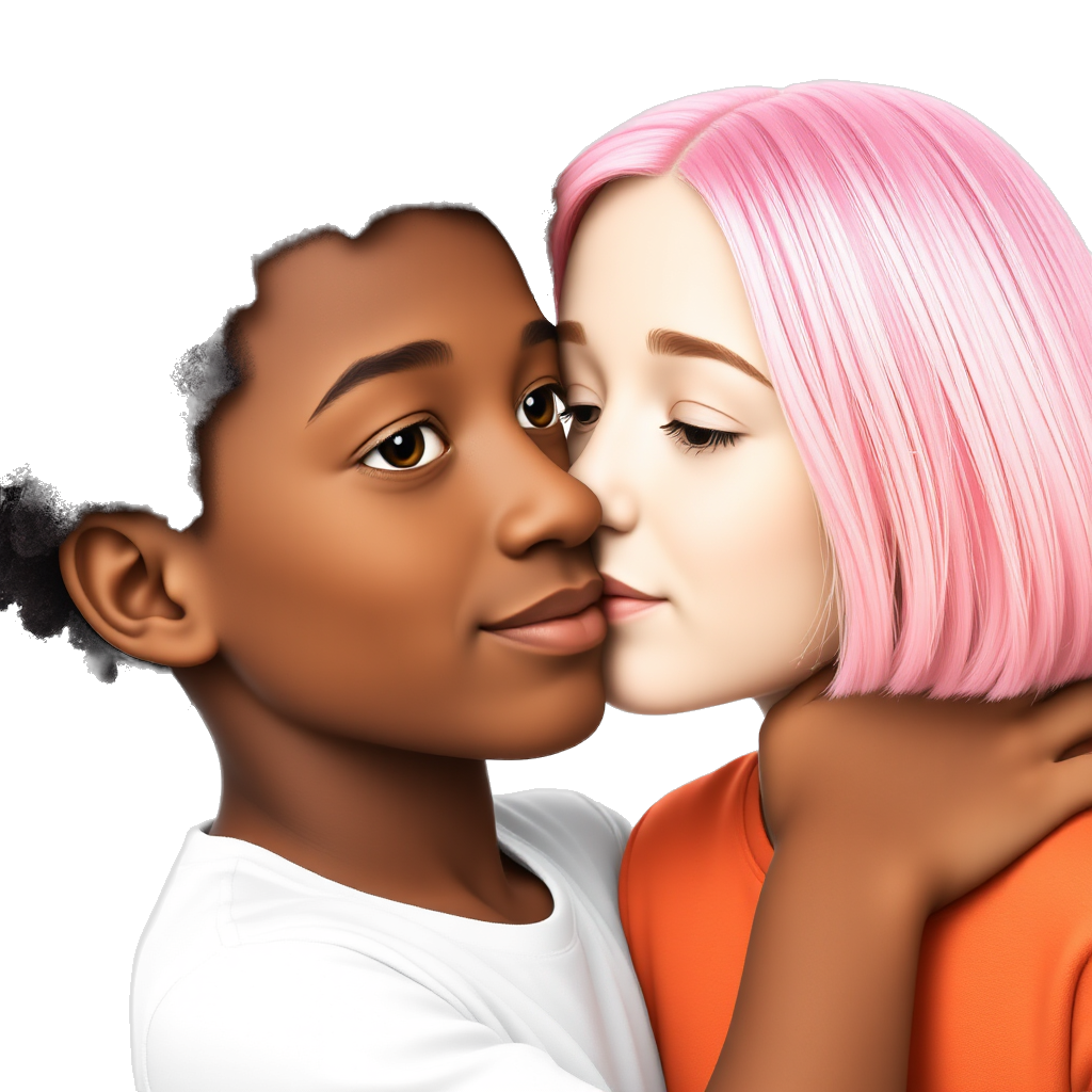 pink haired white teenager girl kissing brown cambodian teenage boy with medium black curly and wavy hair