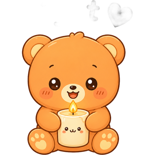 An orange teddy smiling holding a candle 🕯️ , with words “night 🖤” above! With rain drops in background. mochi cat style