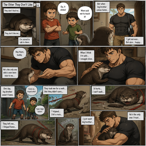 A DETAILED AND LIFELIKE ANIME Comic Book story view of a Bulky but Muscular ANIME Cute Bara Man With Peach toned skin Who looks Normal aind round facial Structure and Basic facial structure With Puffy and Big Pecs that are visible through the shirt and Biceps and Bandaid on his nose and Brown short hair that makes them look tough. Wearing normal With his pet Grown and healthy realistic otter and 2 little brothers that are in different ages but young. And they all don’t like the otter, and they Don’t feed the otter and it cries and Is afraid to talk to people when the big brother comes back but likes to talk to the big brother. then a when the otter thought it was safe he snuggled with the big brother. And one day when the big brother is gone the otter was on a leash on a a walk with the little brothers it flys at a rock lays there and limps to the house after they left him