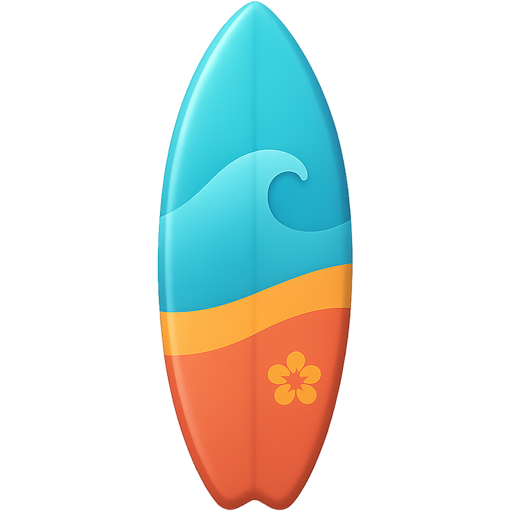 Create a high-quality surfboard emoji strictly in the exact visual style of Apple Emoji (iOS system emoji style). 3D soft-rendered look, smooth glossy gradients, subtle realistic shading, soft reflections, slightly rounded edges, balanced proportions. The surfboard should look modern and cool, slightly elongated, centered composition, clean silhouette. Use vibrant but natural Apple-style colors (turquoise, ocean blue, coral, sunset orange). Add minimal tropical detail integrated into the board design (very subtle wave graphic or small flower accent), but keep it clean and emoji-appropriate. White or transparent background. No extra elements, no text, no background scenery. 1:1 ratio. High resolution. Must look indistinguishable from a real Apple system emoji.
