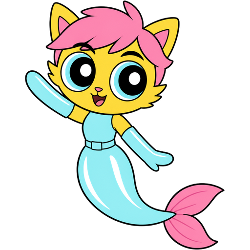 yellow boy cat furry with pink hair and light cyan very long rubber gloves light cyan dress tucked in light cyan mermaid tail with white highlights with pink tail fins (powerpuff girls version)