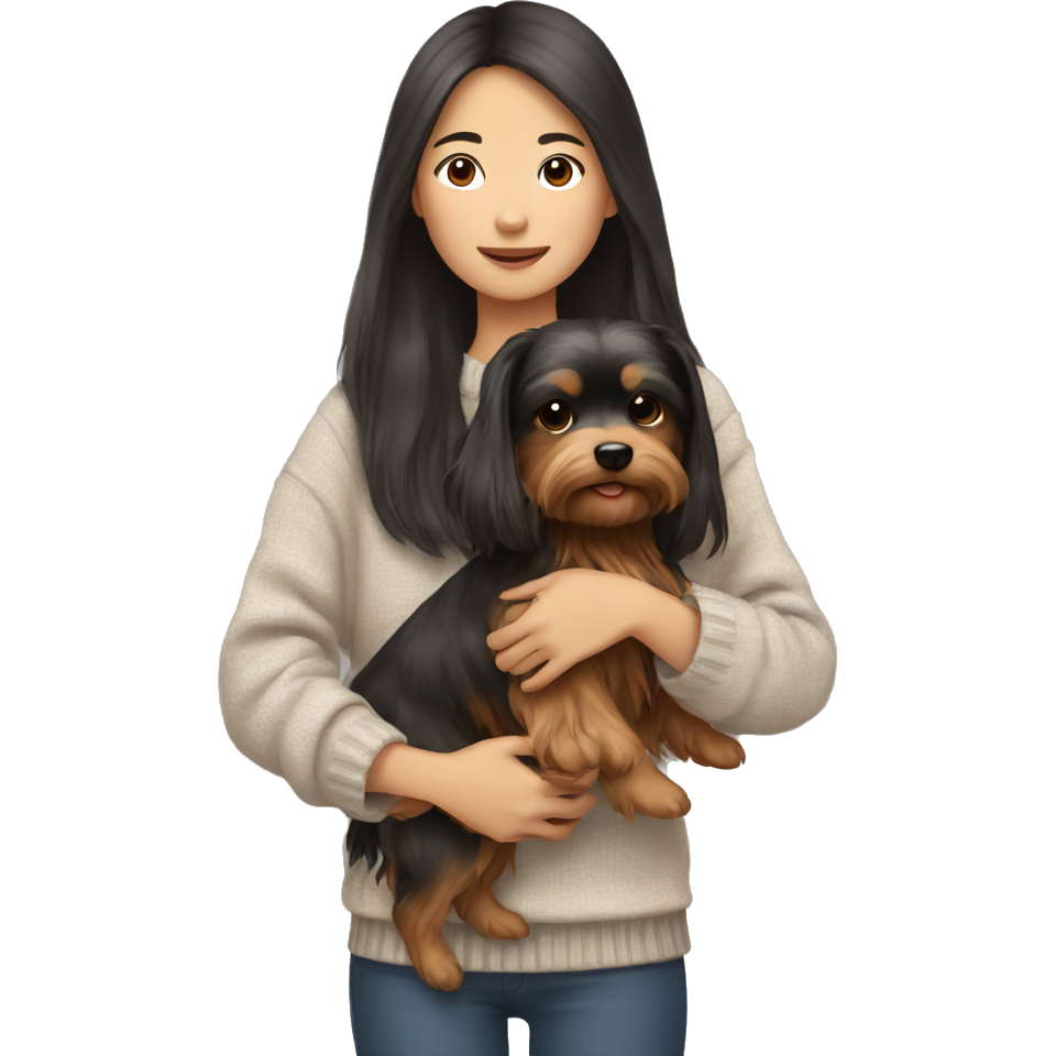 A Asian Girl with dark brown long hair wearing a cozy sweater holding a Yorkshire Terrier in her arms