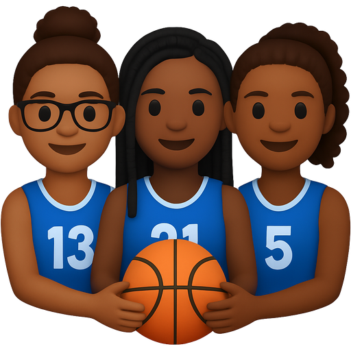 Make a girl who is dark skinned but not black with glasses that are black she has a curly brown bun and has a blue jersey with 13 on it. make another girl who is black and has box braids that are black and with blue jersey that has 21 on it.make another girl who is darker skin but not black but a little lighter her hair in a brown curly ponytail with a blue jersey with number 5 on it make them together holding a basketball