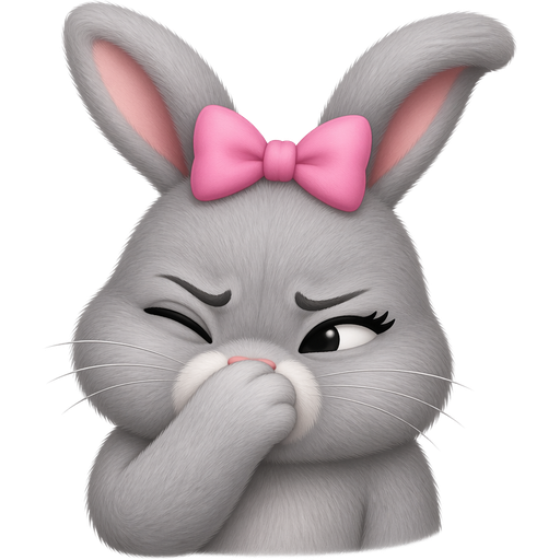 Gray fluffy rabbit with a pink bow on her head covering her nose with her paw and making a face that portrays something stinks
