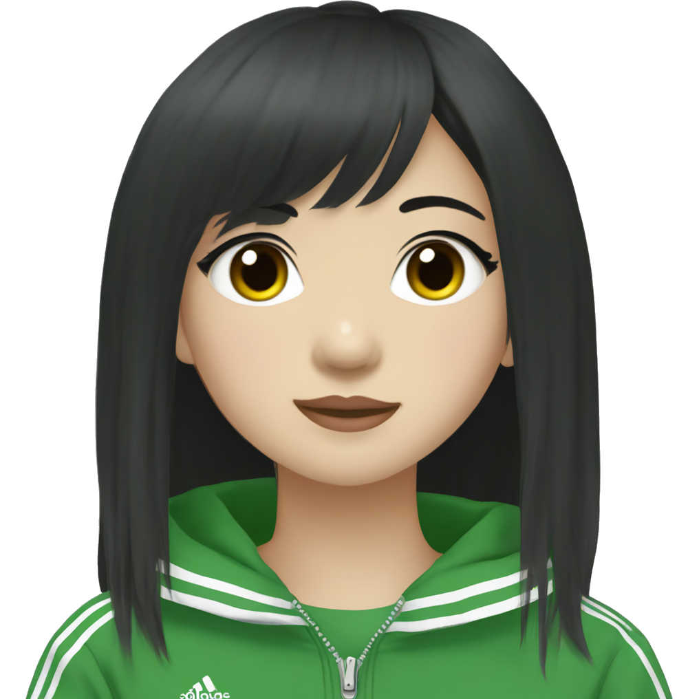 Korean girl, white skin, long eye lash, black hair with bangs and layered-cut(mid length), wearing green addidas zip-up
