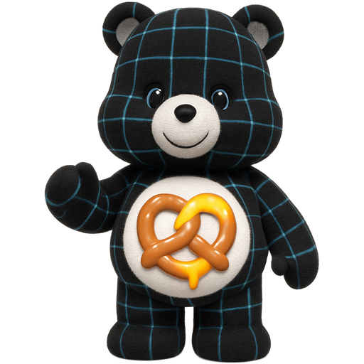 A cute Carebear that has black arcade floor patterned fur that has a soft pretzel with nacho cheese on it as a belly badge