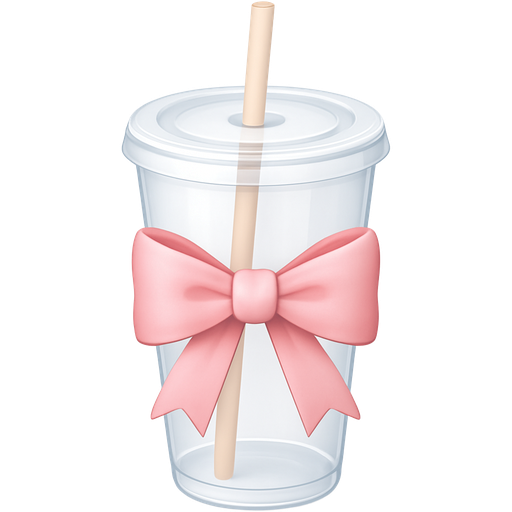 Empty plastic cup for coffee with plastic flat lid and plastic straw with a baby pink bow around the cup