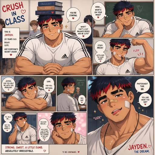 A Full page Anime Comic book story about of a masculine and Bulky ANIME Cute Bara Man American 20 year old with a ROUND and BASIC facial structure and TENAGE BARA CUTE MALE not to detailed With bigger than average Pecs that are visible through the shirt and Biceps and a big Bandaid on his nose and Left Cheek and Right Eye brow. Wearing a no piercings Baggy White Adidas Athletic shirt and Short and Navy Blue Hair and Bright Red Hair Tips and Strait with brown eyes and black eyebrows. Sitting down with his head still and his eyes looking up at you with a Hot,Cute and Dreamy smile And Balances Books on his head and doing other cute and Hot stuff in classrooms and Licking his lips at a Photoshoot.