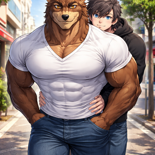 A Full BODY and FACE of a Muscular and Buff with Gigantic Pecs AND biceps. VERY Masculine and handsome Anime Bara Furry Grizzly Bear with a Very Good-looking and Mature Face and brown eyes with a wrestler type body. In a V-Neck Shirt and walking on the street with his hands in his Back pocket. With his Boyfeind hugging him