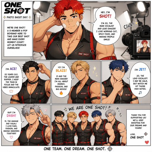 A Full page Anime Comic book story about of a masculine and Bulky ANIME Cute Bara Man American 20 year old with a ROUND and BASIC facial structure and TENAGE BARA CUTE MALE not to detailed With bigger than average Pecs that are visible through the shirt and Biceps and a big Bandaid on his nose and Left Cheek and Right Eye brow. Wearing a no piercings K-pop Idol Boyband Outfit and Red Hair and Bright Orange Hair Tips and Strait is wearing Fluffy short Hair a brown eyes and black eyebrows. Dressed like a K-pop Boyband called ONE SHOT Member with his Members that look as Buff as him but with different hair and Facial Structure and at A Photo shoot each member taking a photo and introducing each member