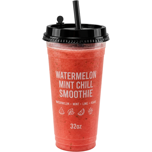 Watermelon Mint Chill Smoothie with a 32oz PP Injection Cup and a Premium Plastic PP Black Lid with an Attached Stopper including a Straw on Top of It Blended with Watermelon, Mint, Lime and Agave