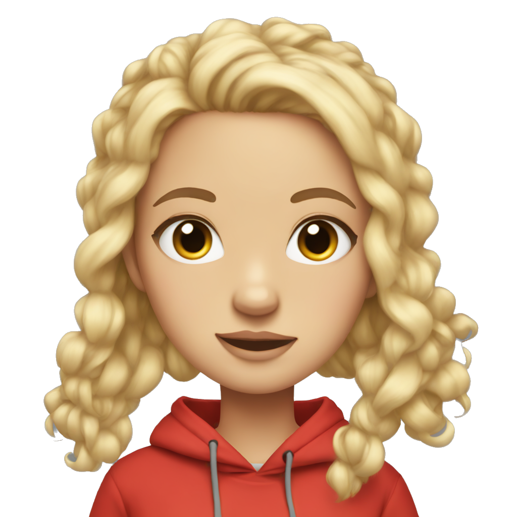 Girl with blonde hair in a low messy bun with a middle part and in a red hoodie not smiling and has ocean eyes and lashes