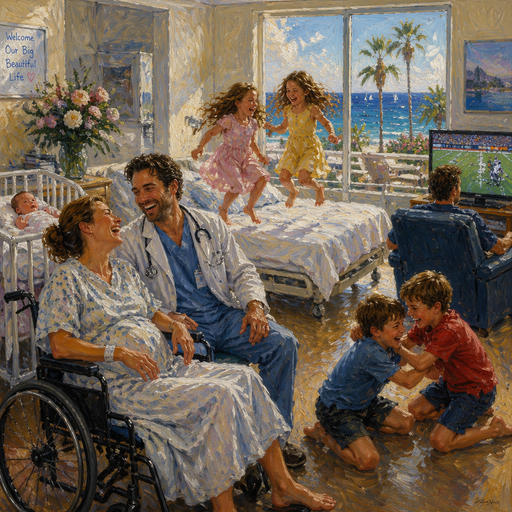give me a mom sitting in the wheelchair and the newborn baby sitting in its crib and two of the daughters are jumping on the hospital bed and two of the boys are play fighting and the Dad is watching the football game with a sunny ocean view and the Mom and the doctor laughing