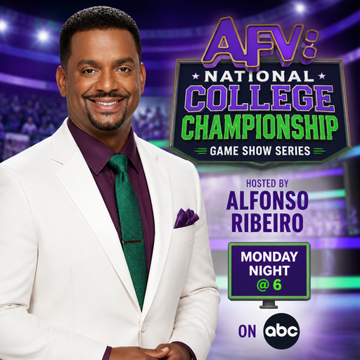 Alfonso Ribeiro white peak lapel blazer plum shirt with purple titles and green tie tv 📺 Afv: national college championship game show series Monday night@ 6 on abc