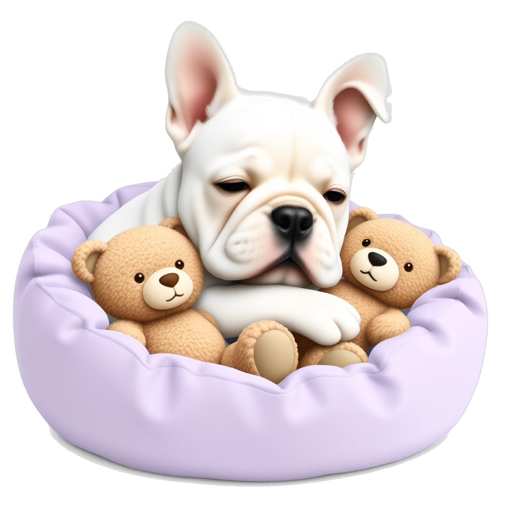 Cute white bulldog puppy with floppy ears sleeping on her pastel purple dog bed with her cute teddybear