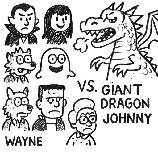 Transformation: Dracula, Mavis, Griffin, Blobby, Murray, Ericka, Wayne, Frankenstein and Eunice, Crystal Cave Blue vs. Giant Dragon Johnny (Monster Green)