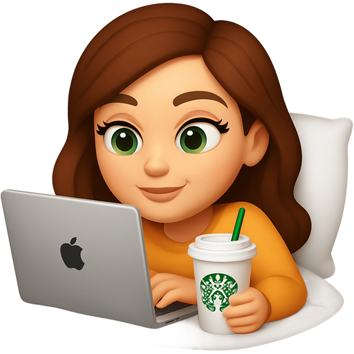 Girl with brown hair, eyelashes and green eyes lay on bed and watch movie on the MacBook with Starbucks