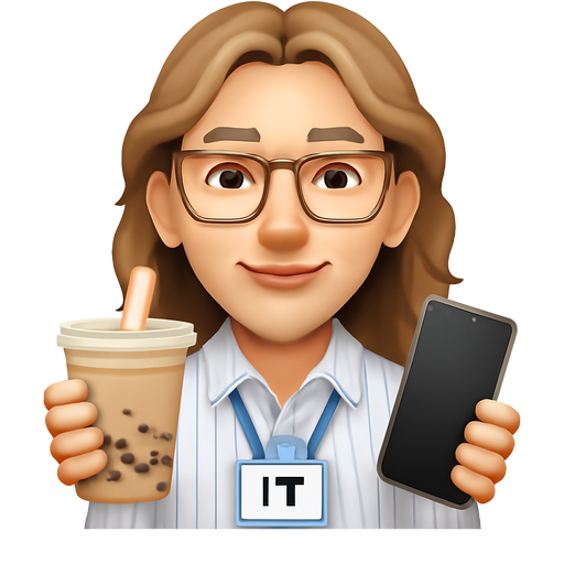 cute smiling man narrow nose big lips narrow face IT badge” with wavy long light brown hair parted in the middle brown eyes narrow face medium sized lips rectangular clear glasses wearing white collared shirt with grey stripes boba tea and cell phone and prominent IT badge