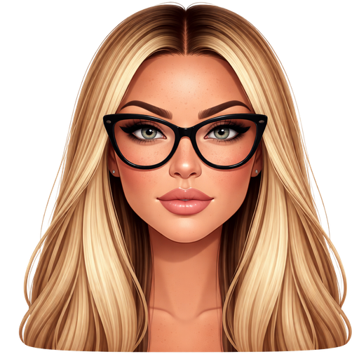 40 year old baddie with thin face slightly full lips a slight bumpy nose round face cheek bones with freckles almond shaped gray colored eyes lashes nose stud fair skin with freckles across nose with very long straight blonde hair and dark roots parted in the middle serious and large black glasses