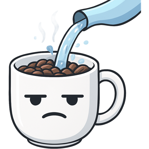 A coffee cup with a unimpressed face on it, half full of coffee beans and being filled with boiling water